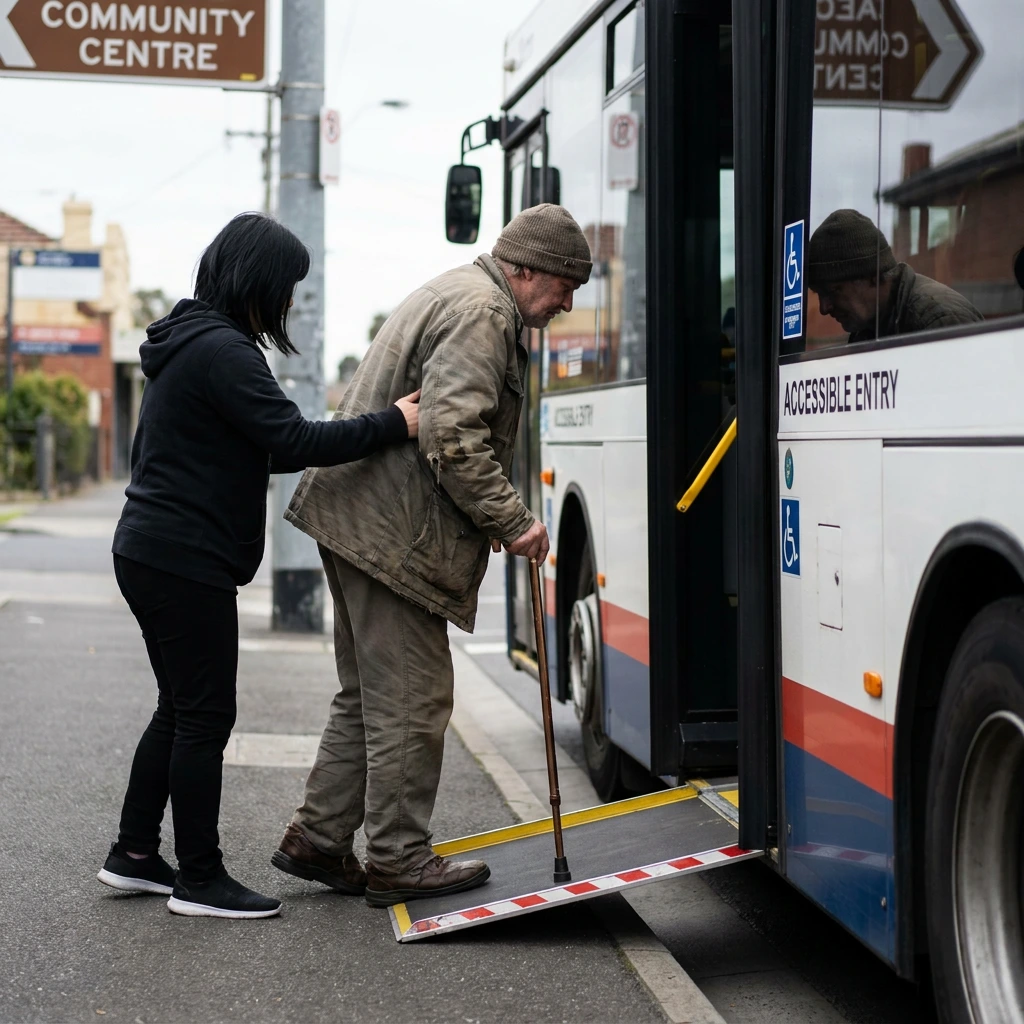 A NutureNest support worker helping a participant with a walking stick board an accessible bus for community access in South West Sydney
